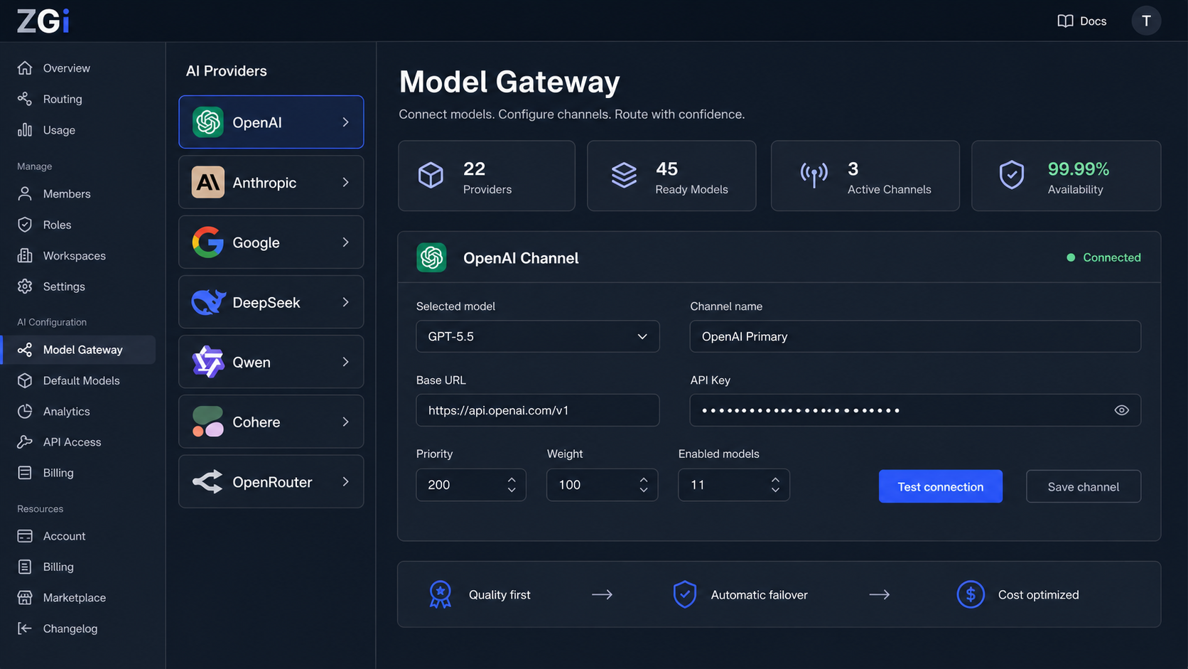 ZGI Model Gateway with model selection and channel configuration